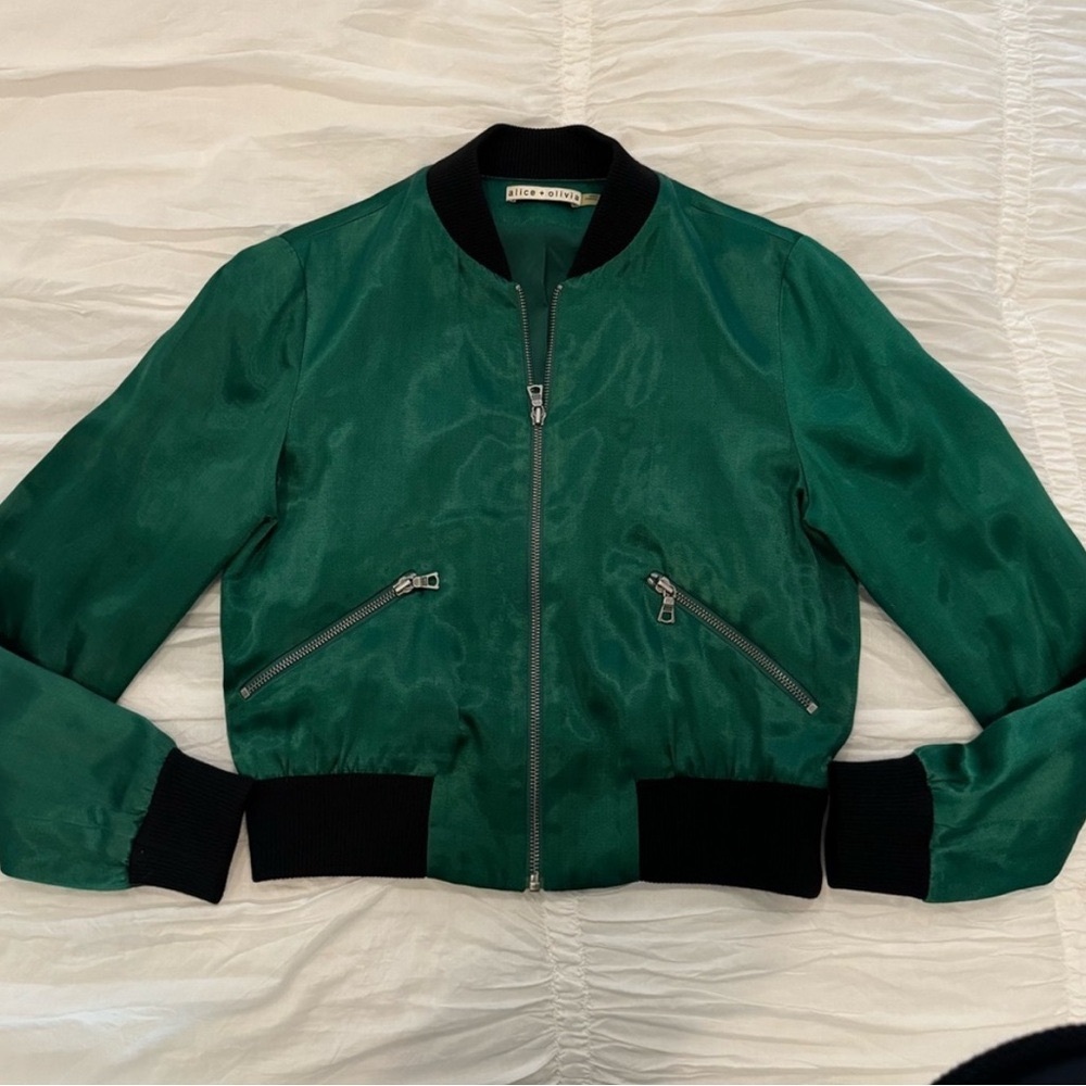 Alice + Olivia Green Satin Bomber Jacket